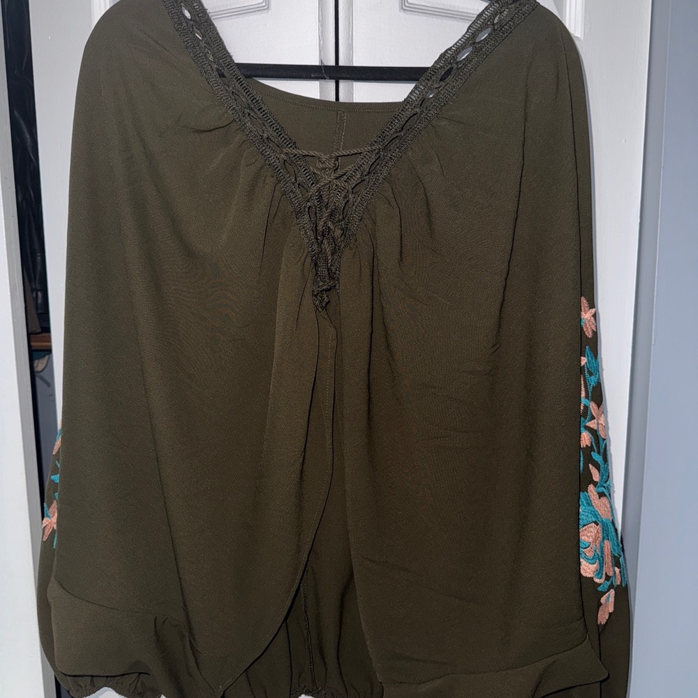Olive Green Women's Top with Floral Embroidery